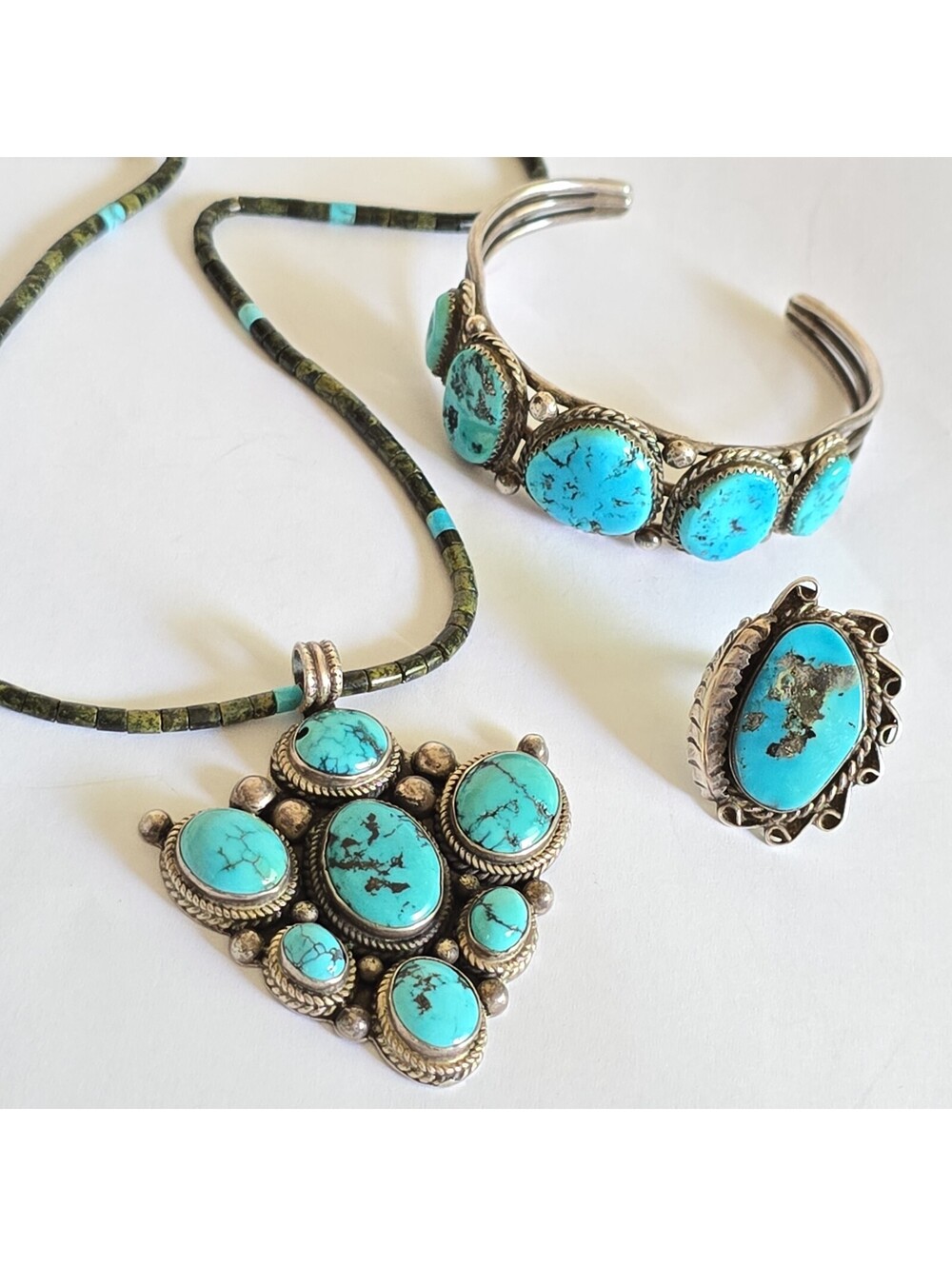 Vintage Navajo Sterling Silver Turquoise heishi Necklace, Bracelet & Ring Set